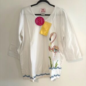 NEW Quaker Factory Flamingo Sequin Top 3/4 Slv V Neck Tropical Vacation Resort